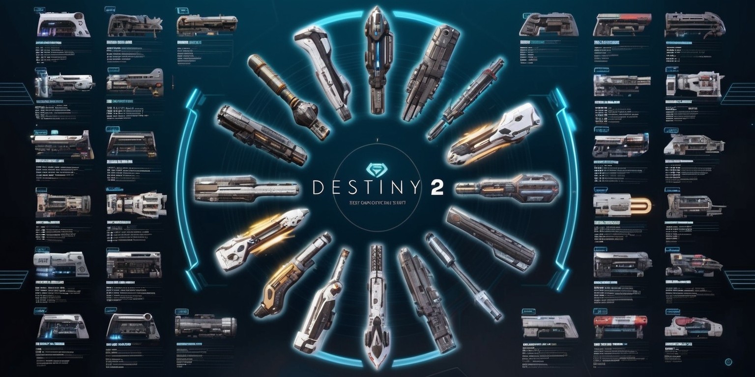 A comprehensive Destiny 2 weapon guide depicted as a stylized, futuristic infographic, set against a dark, gradient blue background with neon accents, featuring a collection of intricately designed weapons from the game, each rendered in detailed, high-contrast 3D, with metallic surfaces and glowing energy effects, arranged in a circular pattern around a central hub, with curved lines and minimalist typography in a clean, sans-serif font, showcasing weapon stats, perks, and abilities in a clear, easy-to-read format, with subtle animations and interactive elements, evoking a sense of sci-fi sophistication and high-tech precision.