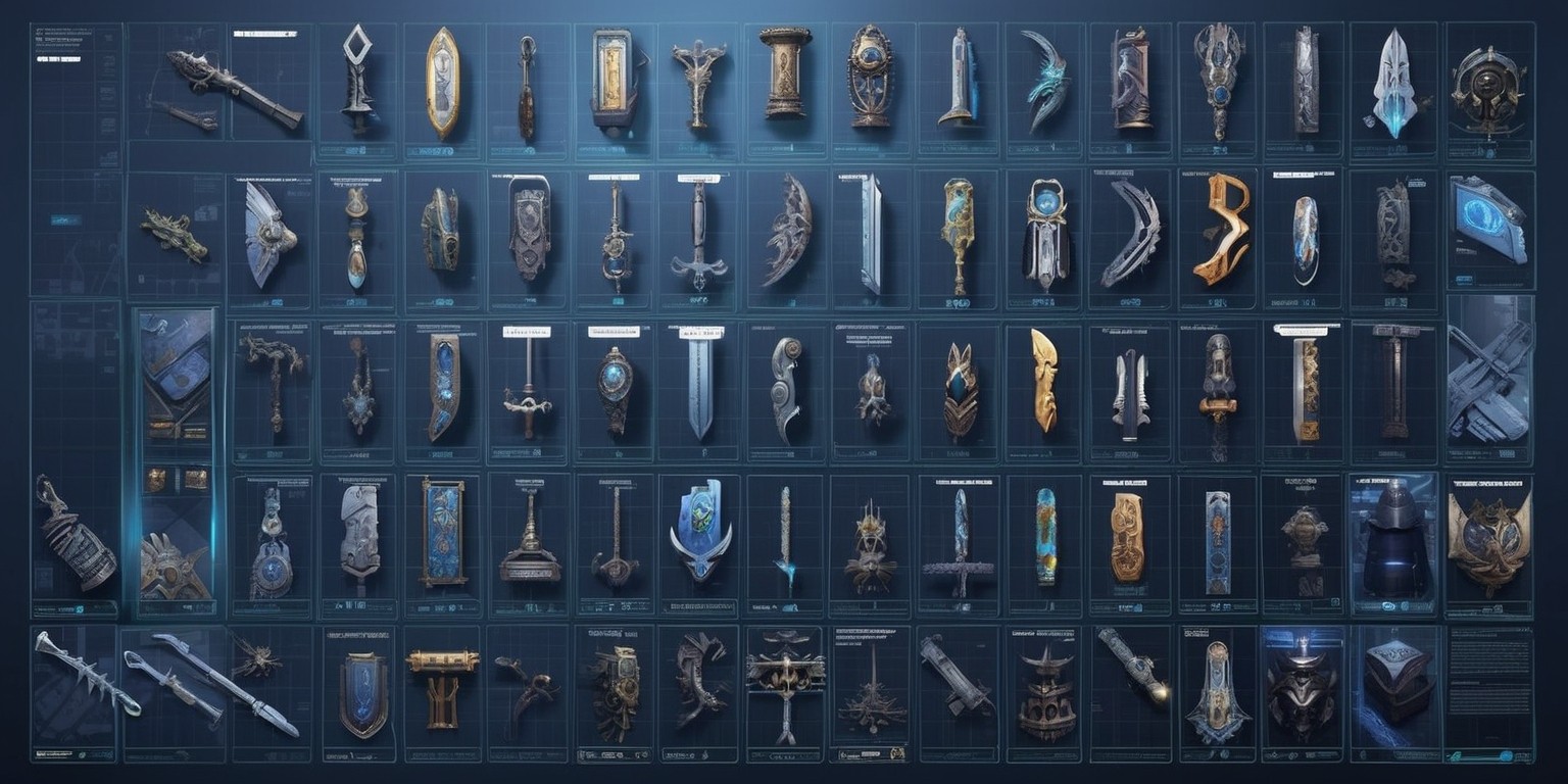 A highly detailed, colorful illustration of a futuristic, grid-like table or chart, showcasing a vast array of exotic and legendary weapons from the popular video game Destiny 2, with each weapon meticulously rendered in 3D, complete with intricate textures, gleaming metallic surfaces, and subtle animations, set against a dark, gradient blue background that evokes a sense of mystery and high-tech sophistication, with bold, sans-serif font labels and annotations in a metallic silver color, highlighting key stats, perks, and attributes for each weapon, including damage output, range, and elemental types, along with stylized icons and minimalist graphics that evoke the game's distinctive aesthetic, all carefully arranged to create a sense of depth and visual hierarchy, drawing the viewer's eye through the composition.