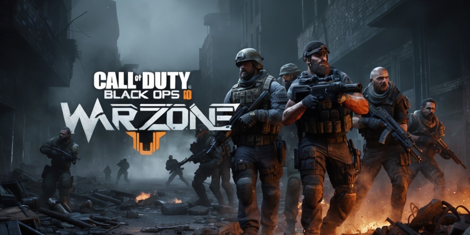 A gritty, high-octane, action-packed scene depicting Call of Duty: Black Ops 6 and Warzone game, set against a dark, misty urban backdrop with crumbling buildings and debris-strewn streets, illuminated by the faint glow of neon lights and explosions, showcasing a group of hardened, battle-weary soldiers,each with unique facial features, skin tones, and attire, including tactical gear, helmets, and weapon combinations, amidst the chaos, with a prominent display of the game's logo, rendered in bold, metallic silver letters with a worn, distressed effect, and subtle, industrial-style textures, surrounded by smoke, fire, and destruction, with a cinematic, dynamic composition, capturing the intensity and ferocity of the gameplay experience.