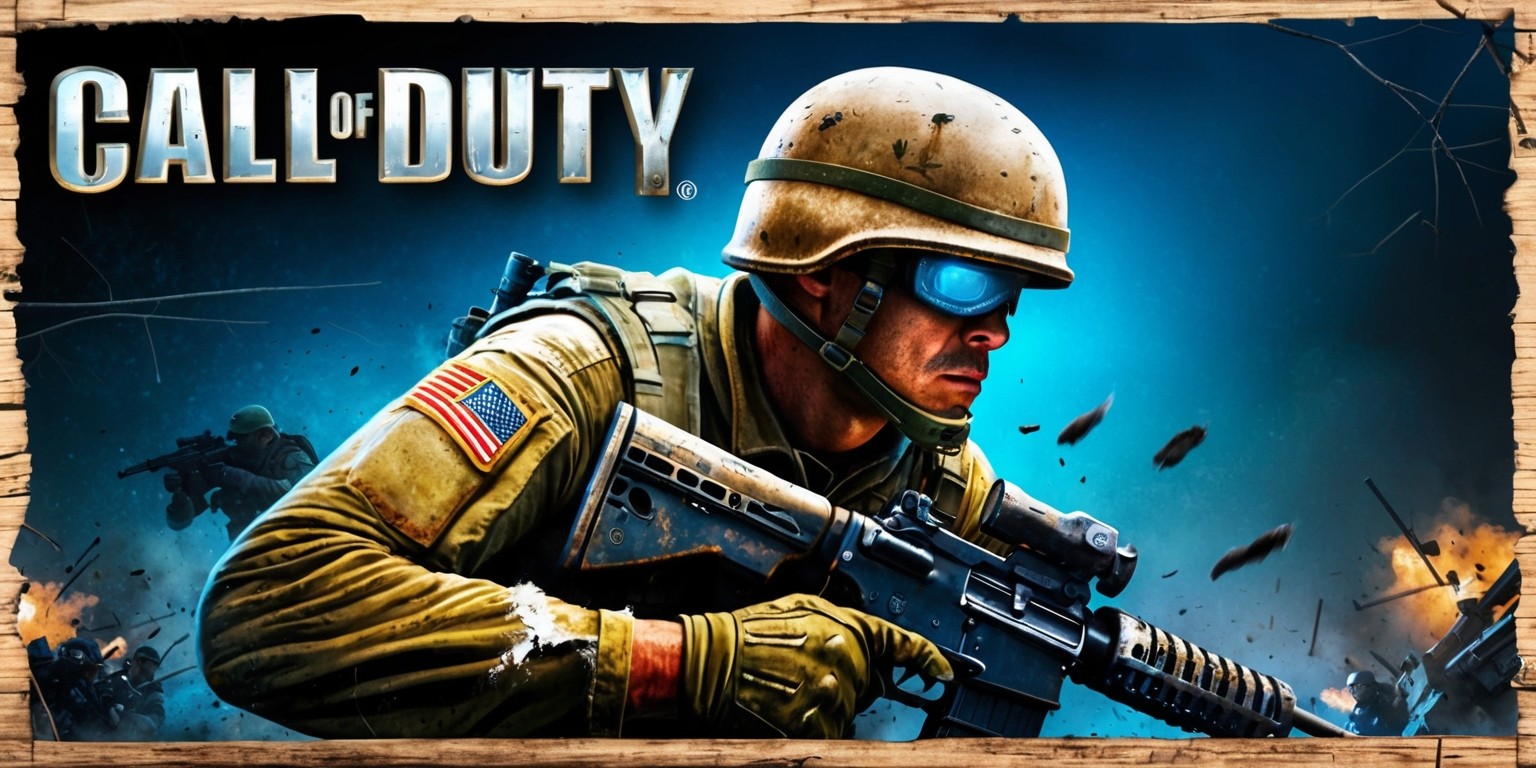 A gritty, high-energy illustration of a soldier in the midst of a battlefield, surrounded by explosions and debris, with a strong focus on the Call of Duty game logo emblazoned on the top left corner in bold, metallic silver font with a worn, distressed texture, set against a dark, gradient blue background that evokes a sense of intensity and urgency, with subtle hints of orange and yellow to convey a sense of chaos, the soldier's face obscured by a helmet and night vision goggles, their skin tone a warm, weathered beige, dressed in a worn, olive green combat uniform with torn sleeves and visible scratches, holding a weathered assault rifle, with a subtle American flag patch on their shoulder, the entire scene framed by a subtle, worn wooden border with visible scratches and scuffs, conveying a sense of grit and realism.