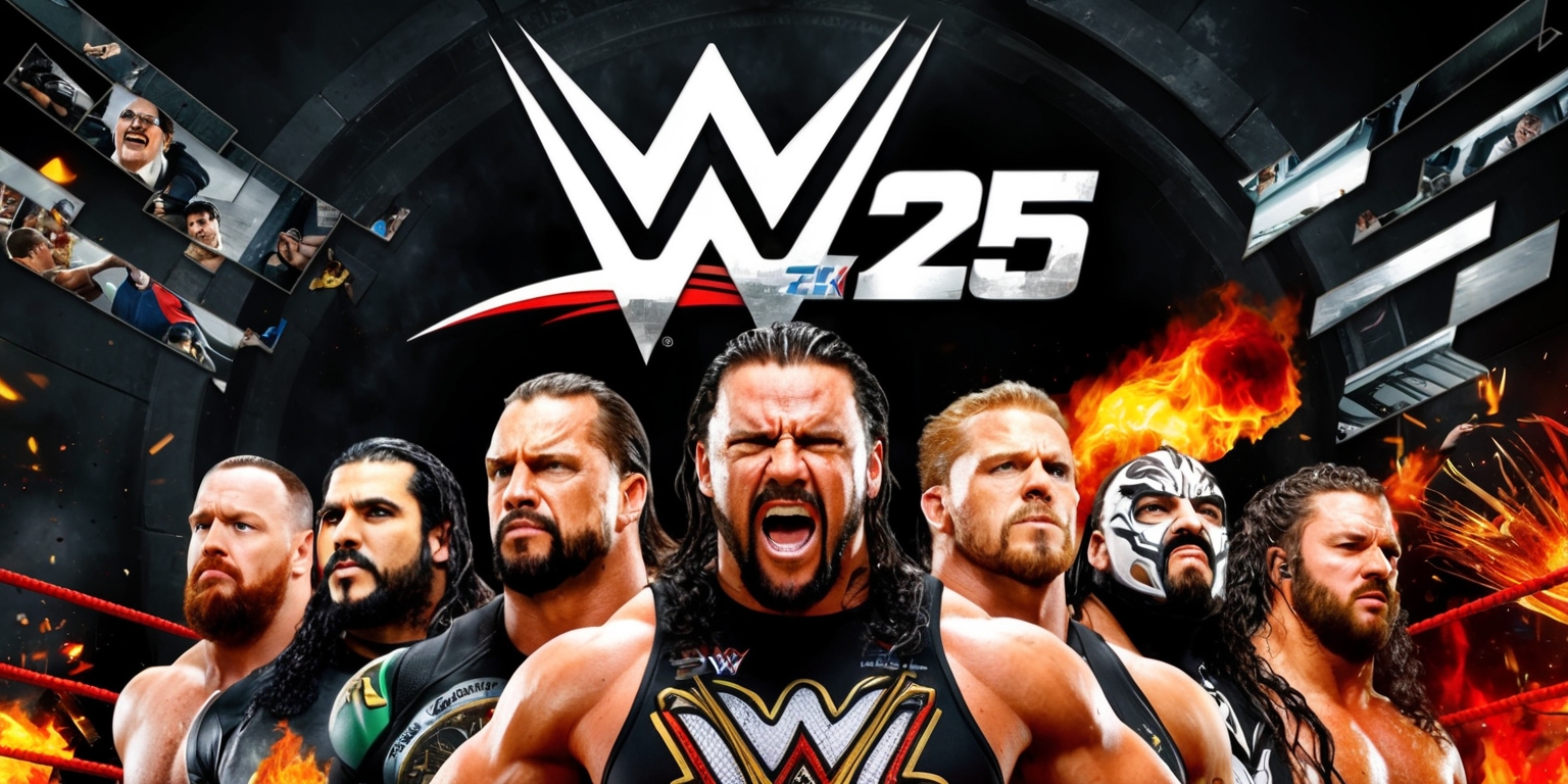 A high-energy promotional poster for WWE 2K25, a professional wrestling video game, featuring a dramatic, action-packed scene with multiple WWE Superstars in the foreground, set against a dark, gritty, and metallic background with bold, bright, and contrasting colors, showcasing the game's logo in bold, metallic font with a hint of gold and silver, positioned prominently at the top of the image, surrounded by snippets of in-game graphics, fiery explosions, and fragments of wrestling rings, with the wrestlers' facial features, muscles, and attire rendered in meticulous detail, capturing the intense emotion and dynamic movement of a WWE match, with the overall aesthetic blending photorealism with a hint of stylized, comic book-inspired visuals.