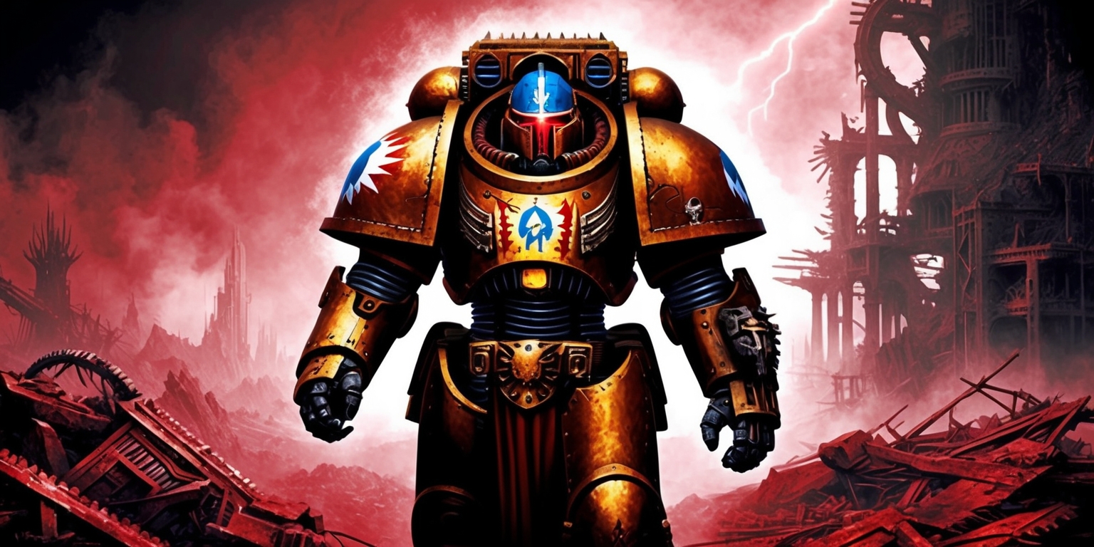 A futuristic, high-contrast illustration of a Space Marine, inspired by the dark, gothic aesthetic of the Warhammer 40,000 universe, set against a backdrop of a ravaged, crimson-hued planetary landscape, with hints of smoke, fire, and destruction. The Space Marine, a towering, power-armored warrior, stands proudly in the center, its iconic helmet adorned with a blazing blue aquila emblem on the forehead, its red glowing eye lenses gleaming with an inner intensity. The armor itself is a deep, burnished gold, with intricate, etched details and a worn, battle-scarred patina. In the background, the ruins of a cityscape loom, with twisted metal and shattered rubble scattered across the devastated terrain. The atmosphere is thick with the acrid smell of smoke and ozone, and the distant rumble of thunder echoes through the desolate scene.