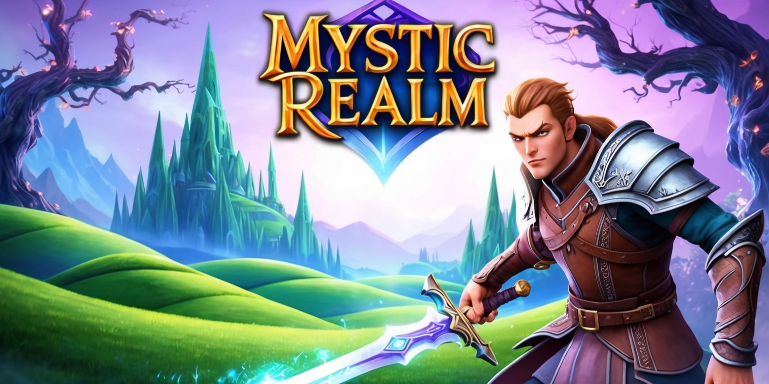 A vivid fantasy scene depicting a mystical realm, with rolling hills of emerald green and sapphire blue, set against a backdrop of towering spires and ancient trees, their gnarled branches twisted with glowing runes, as a brave adventurer, with determined facial features and a strong jawline, stands at the forefront, dressed in leather armor with intricate silver trim, wielding a shimmering sword, with a subtle glow of magic surrounding them, amidst a soft, ethereal light, with the game's title Mystic Realm inscribed in bold, golden lettering, with a stylized font, at the top of the image, against a subtle gradient of purple and blue hues, evoking a sense of wonder and enchantment.