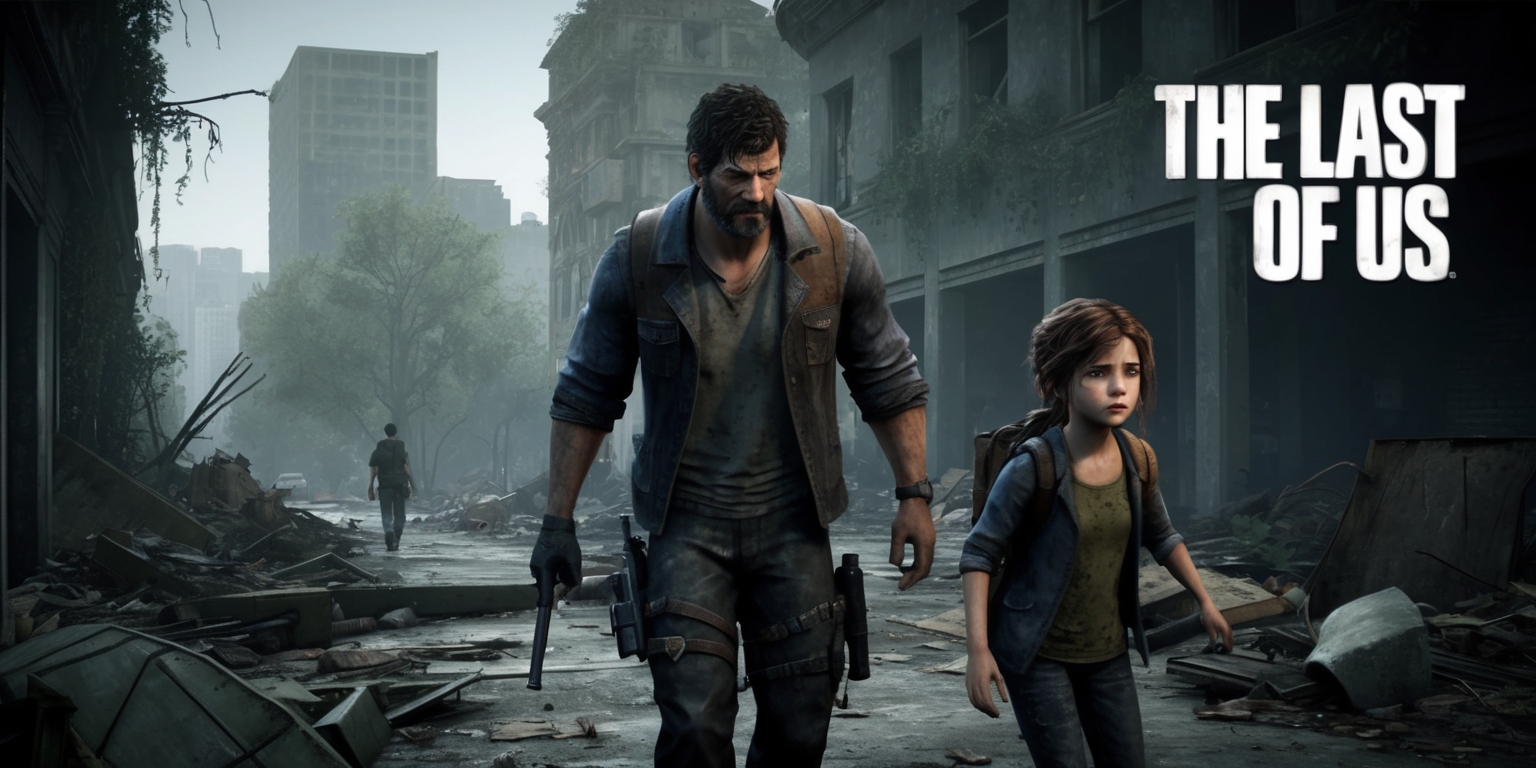A haunting post-apocalyptic scene from The Last of Us game, set in a desolate, overgrown cityscape with crumbling buildings and debris-filled streets, featuring Joel, a rugged, weary survivor with a strong facial structure and worn leather jacket, alongside Ellie, a young, determined girl with a fierce expression and a mop of curly brown hair, as they navigate through the ruins, with a muted color palette of earthy tones, shades of grey, and faded greens, and a sense of foreboding and desperation, with the game's logo, a stylized, bold, and distressed font, subtly integrated into the scene.