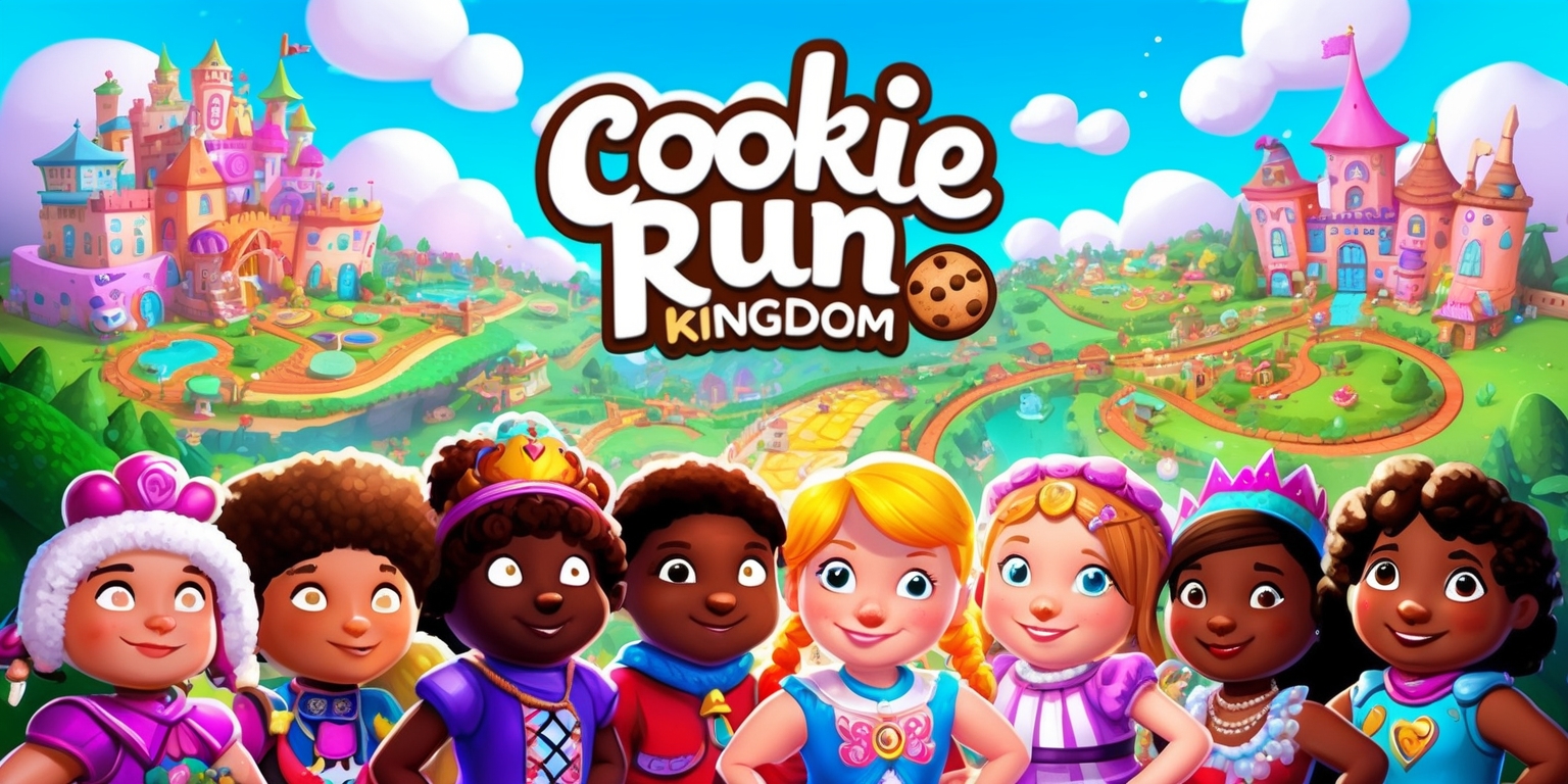 A vibrant, whimsical illustration of the Cookie Run: Kingdom game, featuring a bustling kingdom landscape with colorful buildings, winding pathways, and lush greenery, set against a bright blue sky with puffy white clouds. In the foreground, a group of beloved cookie characters, each with distinct facial features and skin tones, are gathered together, showcasing their unique accessories and costumes. The illustration style blends digital painting with a mix of bold lines, soft textures, and intricate details, reminiscent of a fantasy children's book. The overall composition is playful, with subtle textures and shading that evoke a sense of depth and dimensionality. The Cookie Run: Kingdom logo is prominently displayed, with bold, cursive lettering in a sweet, pastel color scheme that matches the game's signature aesthetic.