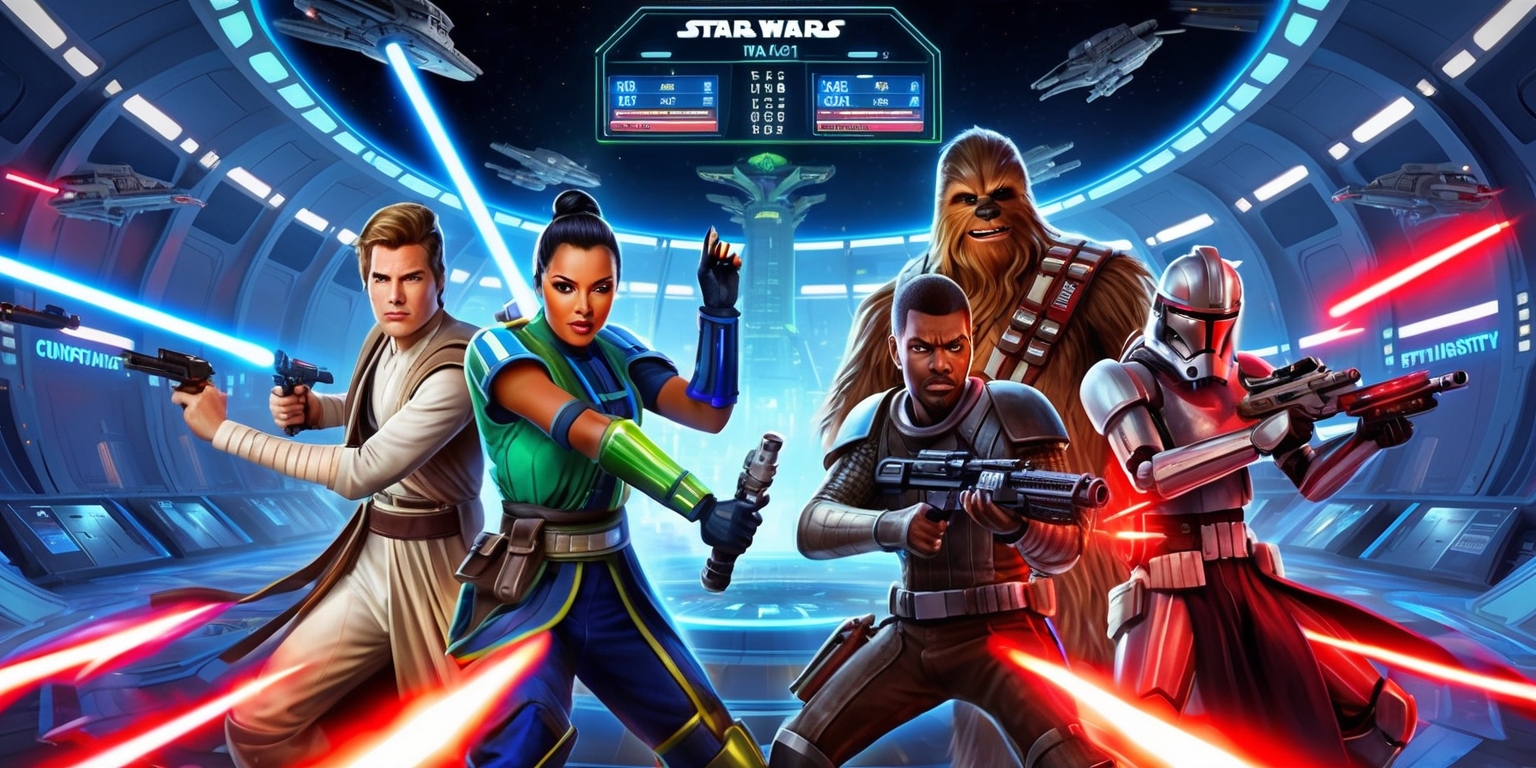 A futuristic, high-energy illustration of a Star Wars-themed online 4v4 shooter game, set in a sprawling, neon-lit Galactic Senate-inspired arena with sleek, metallic walls and a holographic scoreboard displaying team names and scores, featuring four diverse heroes on each team, including a human Jedi with a blue lightsaber and a determined expression, a Rodian bounty hunter with vibrant green and blue armor and a deadly gaze, a towering Wookiee warrior with a blaster and a ferocious roar, and a cyborg with glowing red optics and a menacing stance, amidst a hail of blaster fire and exploding starships, with vibrant, pulsing colors and dynamic, kinetic lines, conveying the intensity and excitement of competitive multiplayer gameplay.