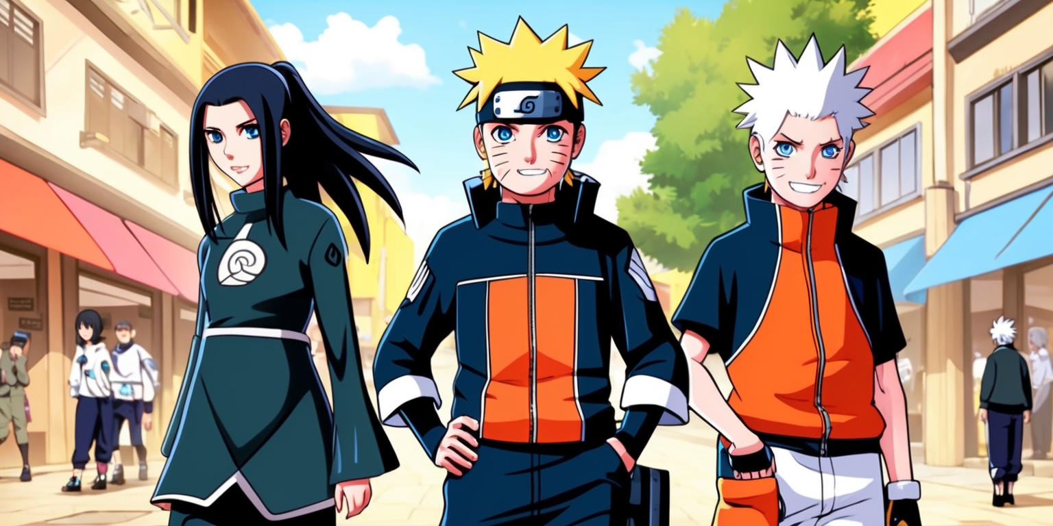 A vibrant, dynamic illustration depicting the main characters from the popular manga series Boruto: Naruto's Next Generations. The scene takes place in a bustling streetscape of Konohagakure, with Boruto Uzumaki, the protagonist, standing confidently in the foreground, dressed in his ninja attire, with his blonde hair spiking upwards and his bright blue eyes gleaming with determination. To his left stands Sarada Uchiha, with her long, dark hair tied in a ponytail, her eyes filled with a sense of curiosity, and her intricate Uchiha Clan tattoo visible on her cheek. On the right is Mitsuki, with his pale skin, amber eyes, and short, spiky white hair, sporting an enigmatic smile. The background is a warm, sunny day, with buildings and trees in a stylized, anime-inspired aesthetic, with bold lines, vibrant colors, and subtle texture. The overall mood is energetic and youthful, capturing the spirit of adventure and friendship.