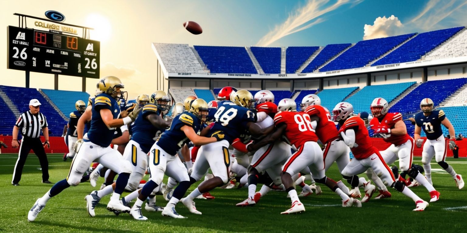 A vibrant and action-packed scene of a college football game with 26 players on the field, set against a backdrop of a lush green stadium with a mixture of bright blue and white seats, the ball is in mid-air as players from both teams clash in a heated battle for possession, the home team wears sleek navy blue jerseys with gold accents and white pants, while the visiting team sports sharp red jerseys with black accents and silver helmets, the scoreboard in the top left corner of the image displays the game's intense score, the referee stands watchfully to the side, whistle at the ready, the sun casts a warm golden glow over the entire scene, with a few wispy clouds scattered across the sky, the overall mood is one of electrifying energy and competition.