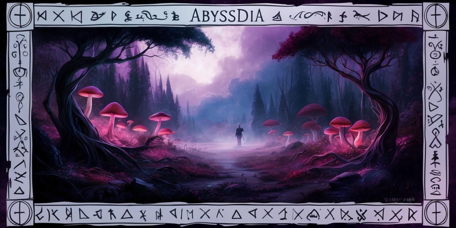 A dark fantasy artwork depicting the mystical realm of Abyssdia, with a hauntingly beautiful landscape of twisted trees, glowing mushrooms, and eerie mist, set against a deep purple and blue sky with hints of crimson, featuring a delicate balance of warm and cool colors, in a stylized digital painting style with intricate details and textures, with a sense of foreboding and mystery, framed by a subtle border of ancient runes and mysterious symbols, with a focal point on a lone figure in the distance, shrouded in shadows, evoking a sense of adventure and exploration in the unknown world of Abyssdia.