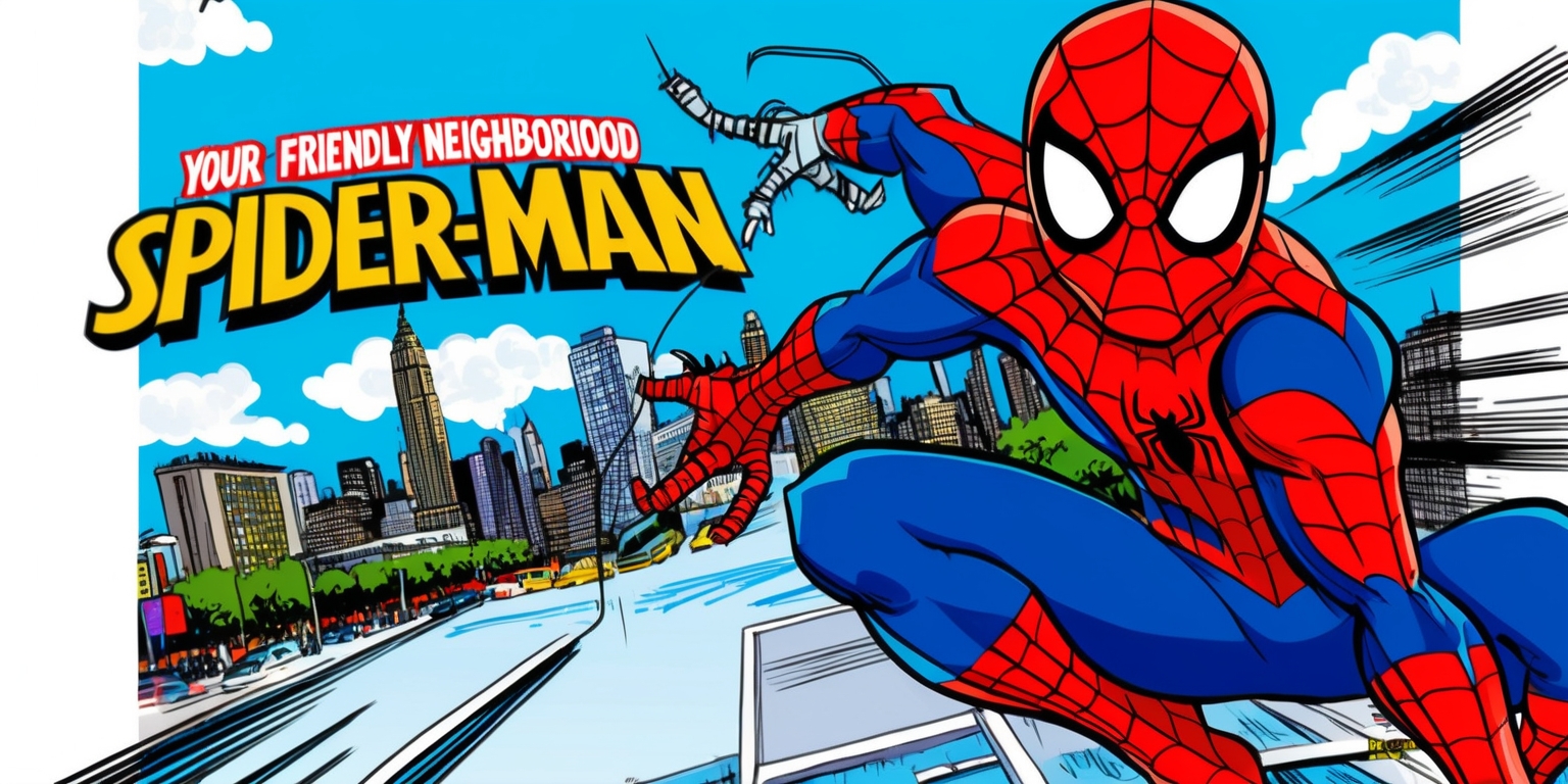 A dynamic comic book-inspired illustration depicting a scene from the Your Friendly Neighborhood Spider-Man series episode, set against a bright blue sky with fluffy white clouds, showcasing Spider-Man in his iconic red and blue suit, posing heroically with one hand on his hip and the other holding his web-shooters, a cityscape with towering skyscrapers and bustling streets in the background, with a subtle hint of New York City's Manhattan borough, bold lines, vibrant colors, and a mix of digital and hand-drawn textures, evoking a sense of nostalgia and youthful energy, with Spider-Man's facial features defined by a bright, cheerful smile, bright blue eyes, and a few strands of messy brown hair peeking out from under his mask, as he looks directly at the viewer with an approachable and friendly demeanor.