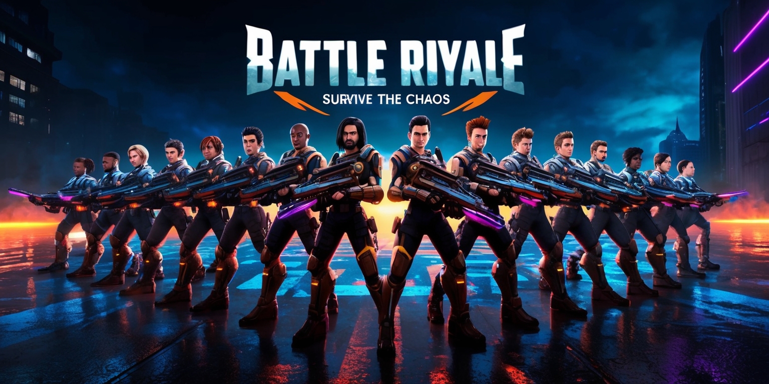 A futuristic, high-energy advertisement for a popular Battle Royale video game, set against a dark, ominous cityscape at dusk, with neon lights reflecting off the wet pavement. In the foreground, a diverse group of young adults, each with unique skin tones and hairstyles, are dressed in bold, high-tech armor and armed with sleek, futuristic weapons, standing back-to-back in a circular formation, ready for battle. Their facial expressions are determined, with a hint of intensity, and their eyes glow with a fierce, competitive spark. The game's logo, a stylized, metallic font with bold, angular lines, dominates the top center of the image, with the tagline Survive the Chaos etched in smaller, curved text above it. The color palette is dark and moody, with bursts of bright, electric blue and orange hues, evoking a sense of urgency and adrenaline-fueled action.
