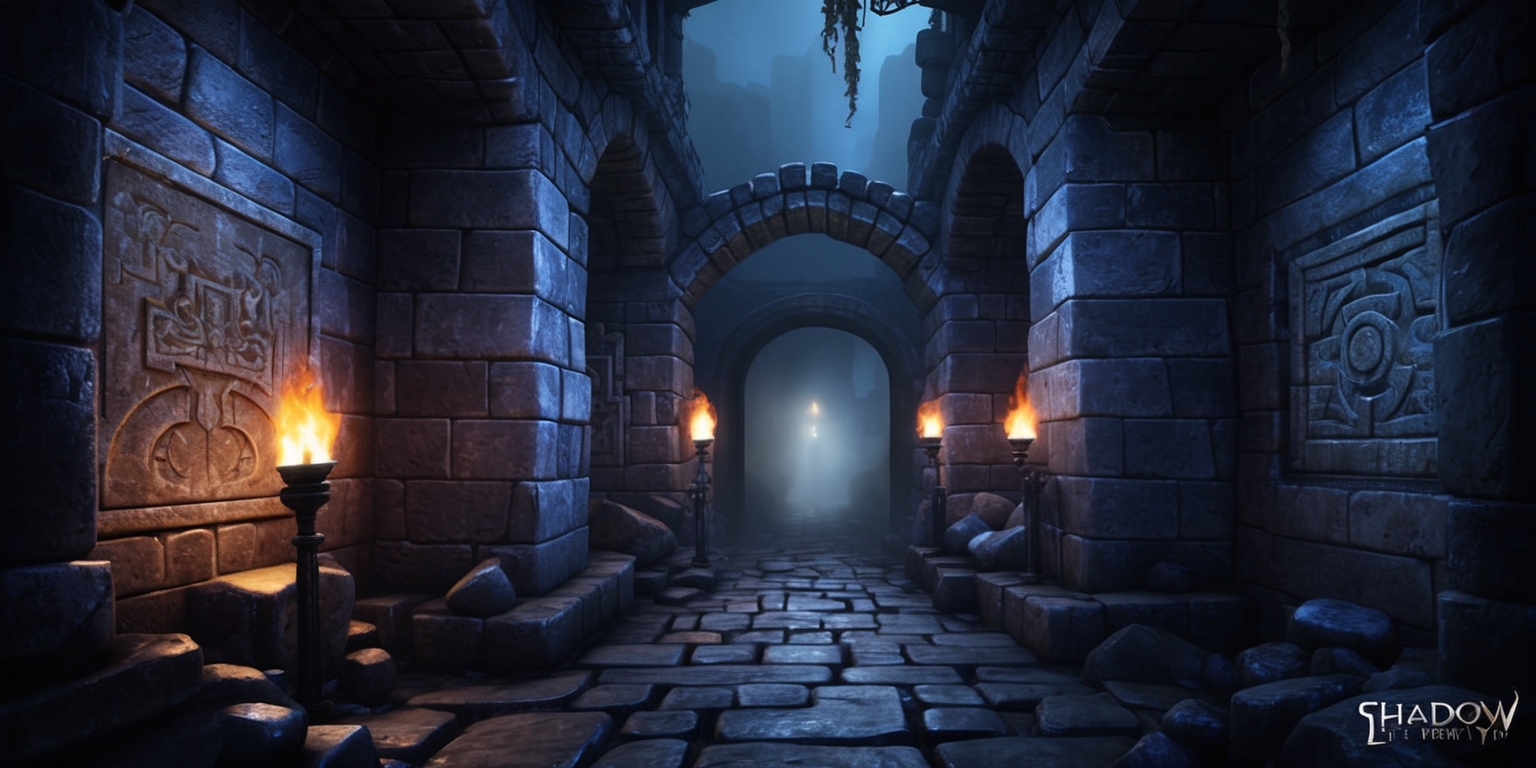 A dark fantasy video game scene from Shadow Labyrinth, featuring a mysterious labyrinthine corridor with stone walls, flickering torches, and a sense of eerie mist, set against a backdrop of deep blues and purples, with intricate details on ancient stone carvings and mysterious symbols etched into the walls, the atmosphere is ominous and foreboding, with shades of grey and black dominating the color palette, and a faint glow emanating from luminescent mushrooms or soft lanterns in the distance, the overall style is reminiscent of a Gothic fantasy world with a mix of medieval and mystical elements.