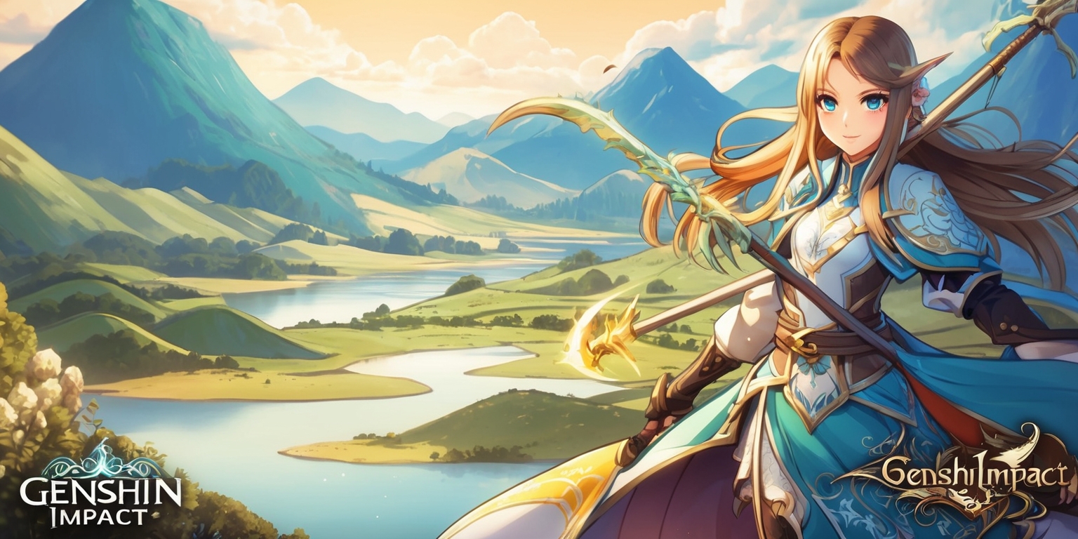 A vibrant and detailed scene from the popular action role-playing game Genshin Impact, featuring a breathtaking landscape with rolling hills, towering mountains, and serene bodies of water, set against a warm and inviting color palette with shades of blue, green, and golden hues, with characters from the game, including a young female protagonist with long, flowing hair and striking facial features, dressed in intricately designed clothing and wielding a powerful elemental weapon, standing heroically in the foreground, with a subtle, hand-drawn style and a mix of fantasy and anime elements, incorporating subtle text and logos from the game in a elegant, cursive font, with a sense of adventure and exploration, as the characters embark on a thrilling journey through the vast and wondrous world of Teyvat.