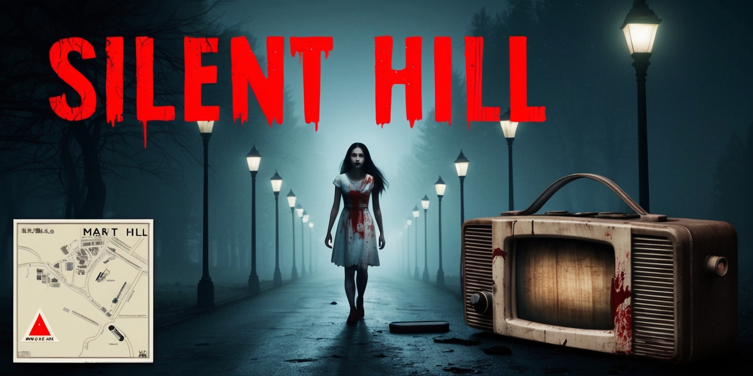 A haunting atmosphere of Silent Hill, with a lone figure in the distance, walking down a foggy street lined with old streetlights, the figure is a young woman with long dark hair and a distressed expression, wearing a bloodstained white dress, in the foreground a close-up of a old broken radio with a flickering screen displaying static, the background is a mix of dark greys and blues with an eerie glow, the game's title Silent Hill is emblazoned in bold red letters across the top of the image in a distressed font style, with the game's logo a triangle with a circle in the center, in the bottom left corner a small image of a map of Silent Hill with various locations marked, the overall aesthetic is dark and eerie with a sense of foreboding.