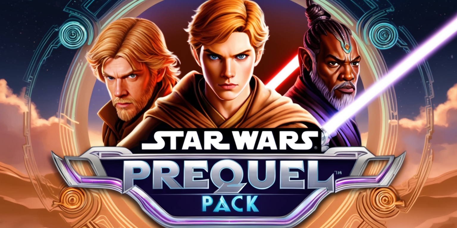 A vibrant, action-packed video game cover art featuring the Star Wars: Prequel Pack, set against a deep, starry night sky with a warm, golden hue. In the center, a dynamic illustration of Anakin Skywalker, Obi-Wan Kenobi, and Mace Windu, with determined facial expressions and intricate details on their Jedi attire. Anakin has a youthful, orange-blond hairstyle and bright blue eyes, while Obi-Wan has a wispy, brown beard and Mace Windu sports a distinctive, purple-bladed lightsaber. The title Star Wars: Prequel Pack is emblazoned in bold, metallic silver font with a curved, futuristic design, surrounded by intricate, swirling patterns inspired by ancient Jedi artifacts. The background is adorned with subtle, nebulous clouds and stylized, neon-lit contours, blending digital and fantastical elements. The overall aesthetic is a blend of science fiction and fantasy, capturing the epic essence of the Star Wars universe.