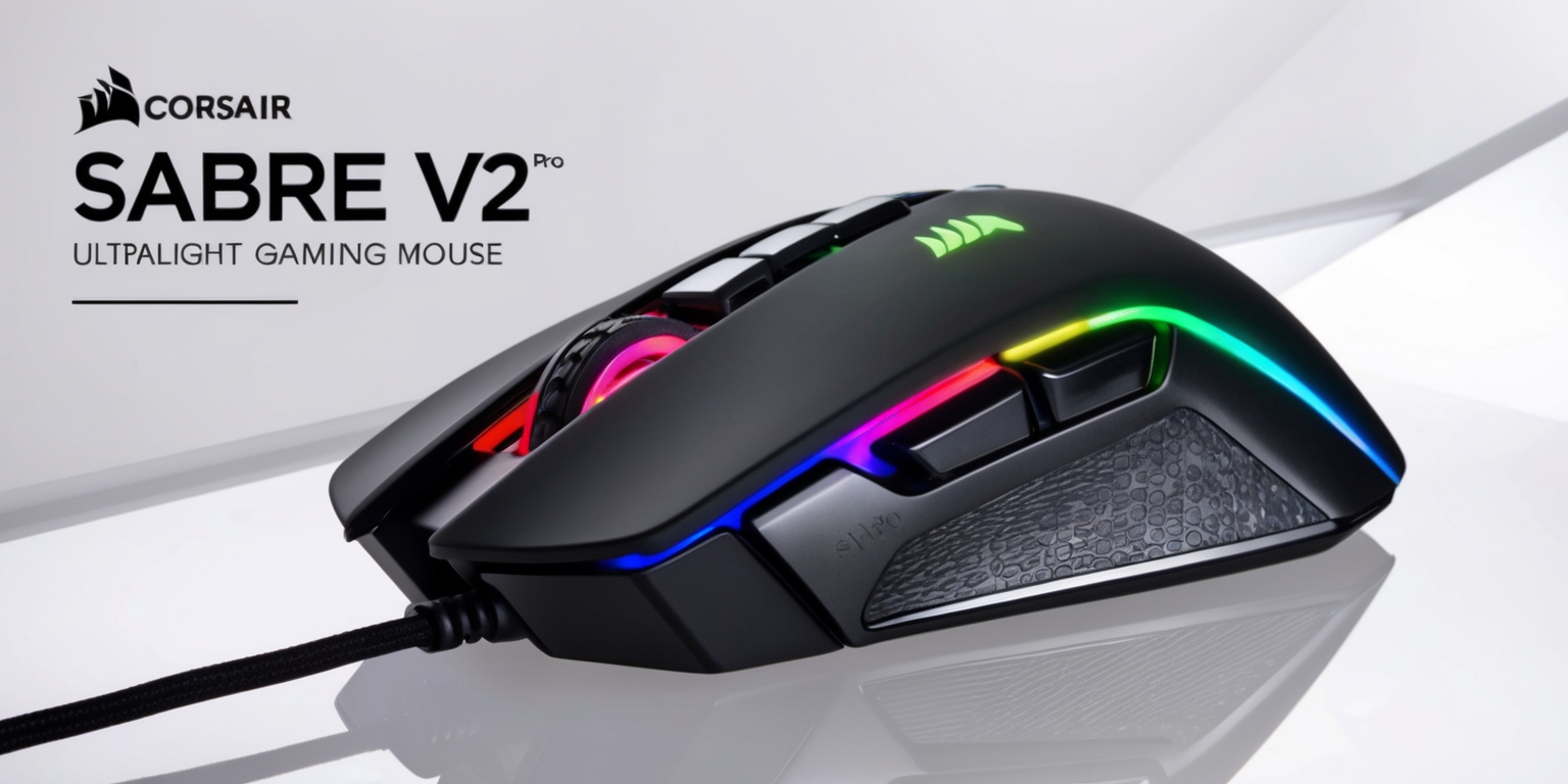 A detailed view of the Corsair Sabre V2 Pro Ultralight gaming mouse, showcasing its sleek design, aerodynamic curves, and vibrant RGB lighting accents, with a focus on the mouse's lightweight construction, high-precision optical sensor, and durable Omron switches, set against a clean and minimalist background that accentuates the device's futuristic aesthetic, with the Corsair logo prominently displayed in a bold, modern font, and the mouse's contours and textures precisely rendered to highlight its premium build quality and ergonomic design.