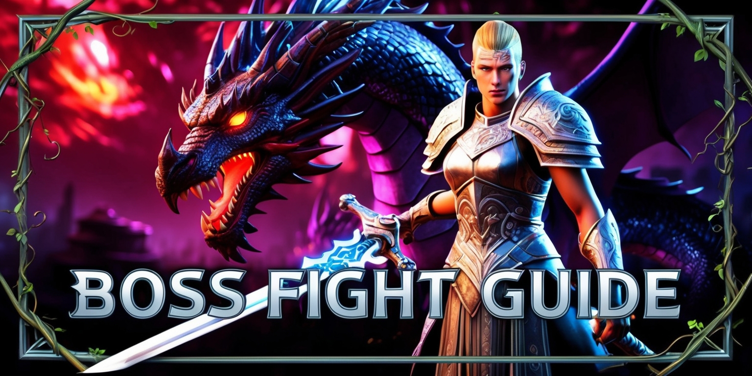 A dramatic scene depicting a video game boss fight, set against a dark fantasy backdrop with vibrant hues of crimson and purple, the boss a colossal dragon with scales that shimmer like polished ebony, its eyes blazing with fierce amber light, as a brave warrior stands tall, dressed in intricate silver armor with a determined expression, their facial features sharply defined with a strong jawline and piercing blue eyes, the warrior's skin has a warm golden undertone, with a few scars above their left eyebrow, they wield a mighty sword with an ornate hilt, the blade etched with ancient runes that glow with a soft blue light, the scene is framed by a subtle border of twisted vines and mystical symbols, with bold font text overlay reading Boss Fight Guide in a metallic silver color with a futuristic font style, the background is a blurred mix of mystical energies and ancient ruins, with a sense of dynamic movement and intense action.