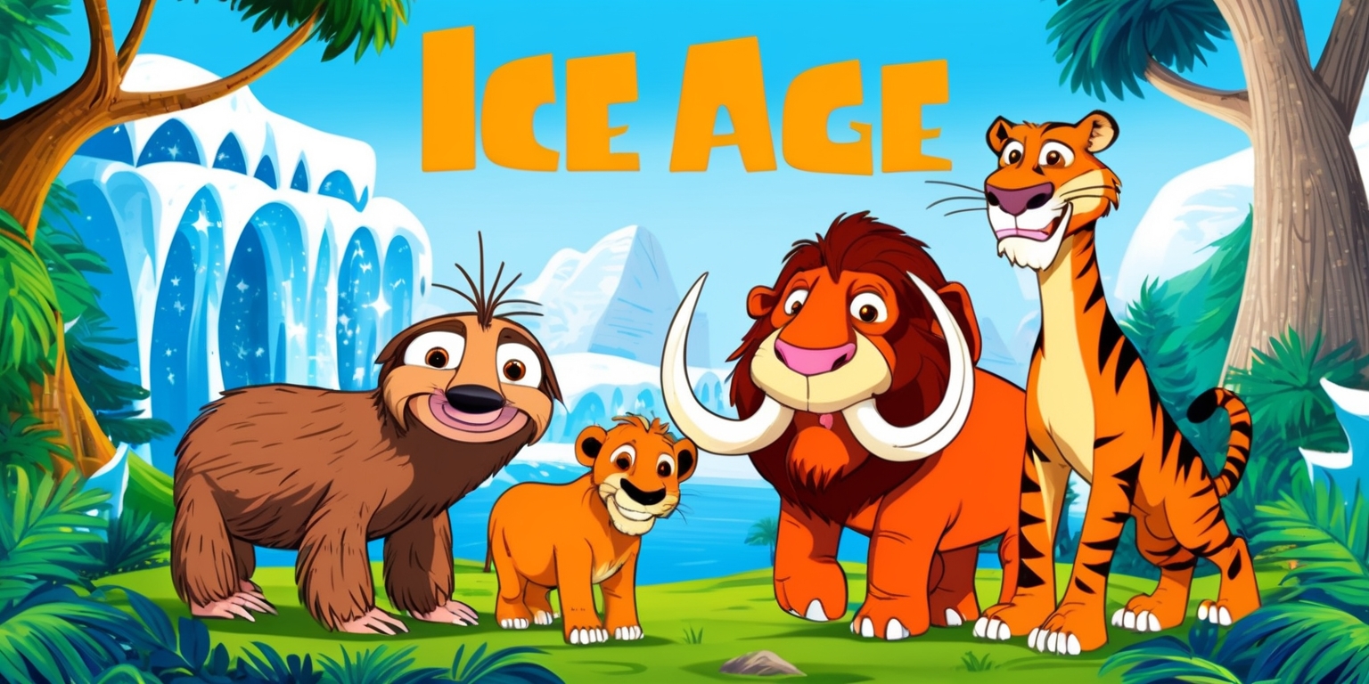 A colorful and vibrant illustration depicting a whimsical scene from the Ice Age movie, featuring the beloved characters Sid the sloth, Manny the woolly mammoth, and Diego the saber-toothed tiger standing together in a lush, prehistoric forest, surrounded by towering trees, sparkling ice caves, and a bright blue sky with fluffy white clouds. Sid has a goofy expression on his face, with a missing tooth and a few strands of hair on his head, while Manny sports a gentle smile and a majestic pair of tusks. Diego stands tall, with his sharp teeth and piercing eyes, exuding a sense of agility and strength. The characters are rendered in a stylized, cartoonish style, with bold lines, vibrant colors, and textures that evoke a sense of nostalgia and wonder. The composition is dynamic, with the characters placed diagonally across the frame, creating a sense of movement and energy.