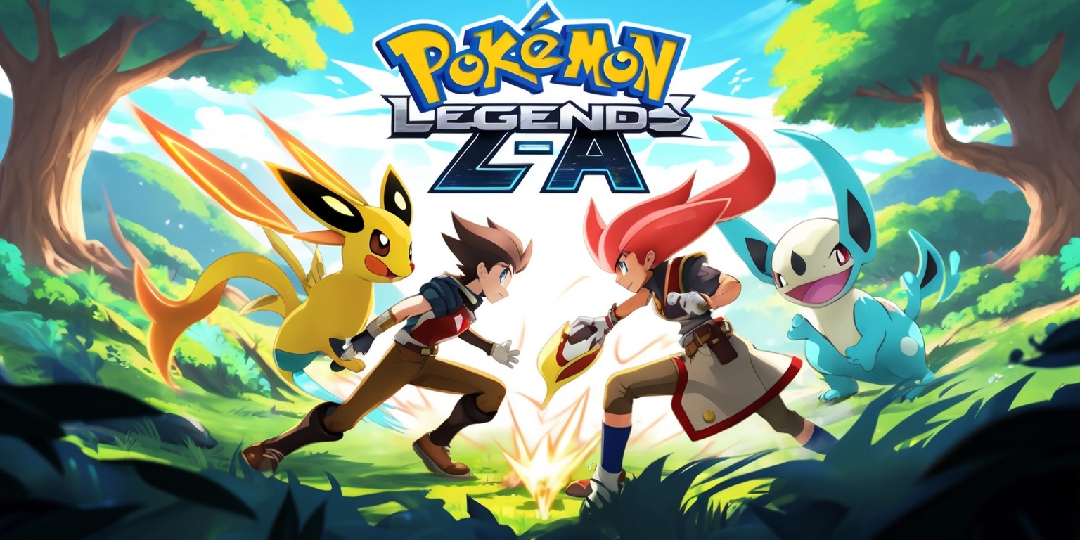 A vibrant poster for Pokémon Legends: Z-A, featuring a dynamic battle scene with two trainers and their Pokémon, set against a lush, natural background with rolling hills and towering trees, the Pokémon and trainers displayed in a stylized, anime-inspired art style with bold lines and bright, earthy colors, the title Pokémon Legends: Z-A emblazoned across the top in a bold, futuristic font with a metallic sheen, the overall composition conveying a sense of excitement and adventure, with the trainers and Pokémon poised in mid-action, surrounded by subtle, glowing auras that hint at the game's legendary themes.