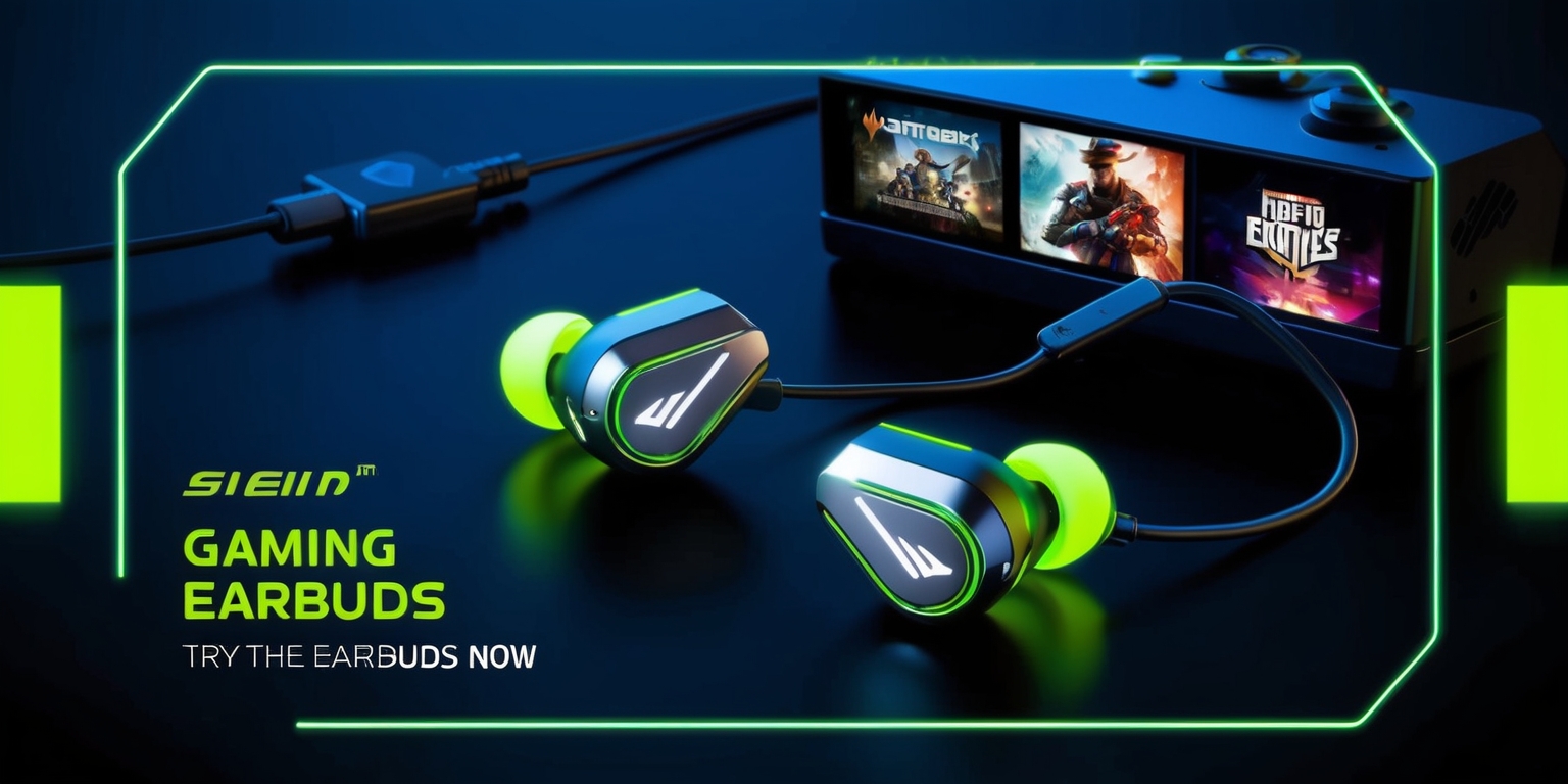 A sleek and modern advertisement for gaming earbuds, set against a dark blue background with neon green accents, featuring a pair of earbuds with a metallic finish and glowing green ear tips, connected to a gaming console, with a few popular games displayed on a screen in the background, the earbuds are designed with a unique shape and have a bold, futuristic style, the brand logo is prominently displayed in a bold, silver font with a green glow effect, the overall aesthetic is high-tech and immersive, with sharp lines and vibrant colors, the advertisement is framed by a thin white border, with a tagline written in a modern, cursive font, the text is short and catchy, with a call to action to try the earbuds now.
