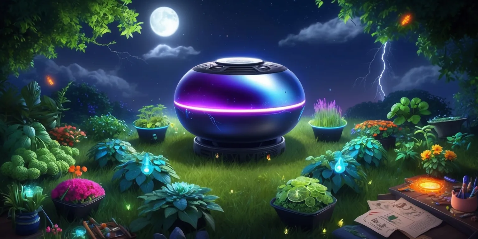 A mystical nocturnal garden scene with lush greenery and vibrant flowers under a starry night sky, illuminated by soft moonlight and glowing fireflies, with a futuristic nocturnal device in the center, its metallic surface reflecting shades of blue and purple, surrounded by various crops with glowing accents indicating their enhanced value, and a few wispy clouds in the background with subtle hints of weather mutations, such as lightning or gentle rain, with a hint of a gardeners' workshop in the corner, filled with crafting tools and resources, and a few scattered notes and diagrams detailing strategic plans and weather forecasts.