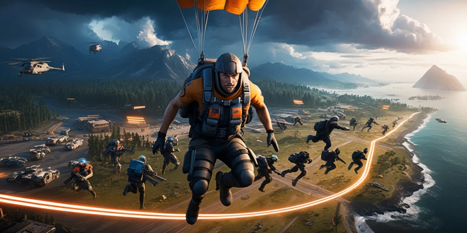 Cinematic key art for a high-octane battle royale shooter game, showing a squad of diverse combatants skydiving from a futuristic transport aircraft into a vast battlefield of rugged mountains, dense forests, ruined industrial zones, coastal settlements, and glowing supply markers. One central armored player descends in the foreground with a parachute deploying, focused expression, varied skin tones, tactical gear, helmets, backpacks, and distinctive faction colors. Below, multiple squads race toward weapons, armor, vehicles, resource caches, and strategic positions while a luminous storm boundary closes around the landscape. Include subtle visual cues of economic strategy through supply crates, buy stations, currency indicators, faction emblems, and tradeable equipment, integrated naturally into the scene. Emphasize precise aerial timing, tactical procurement, resource management, role flexibility, direct combat, and shifting alliances. Dynamic diagonal composition, dramatic perspective, intense sunlight breaking through storm clouds, vivid orange, teal, cobalt, and crimson accents, realistic materials, explosive atmosphere, sharp detail, polished AAA video game promotional art, no readable text or logos.